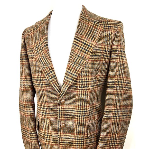 Vintage 60s Harris Tweed Sport Coat Blazer Mens 42R Glen Plaid 2 Button Tan - Picture 1 of 10